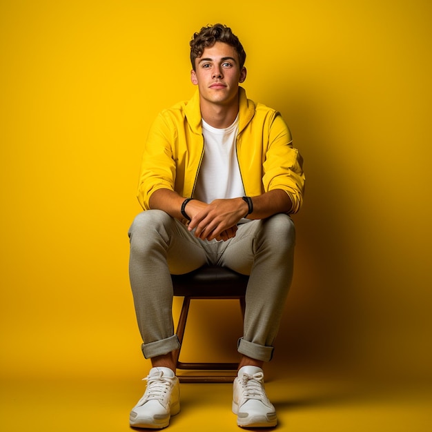 A cool young man sitting on chair isolated on yellow background