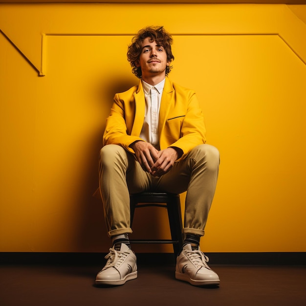 A cool young man sitting on chair isolated on yellow background