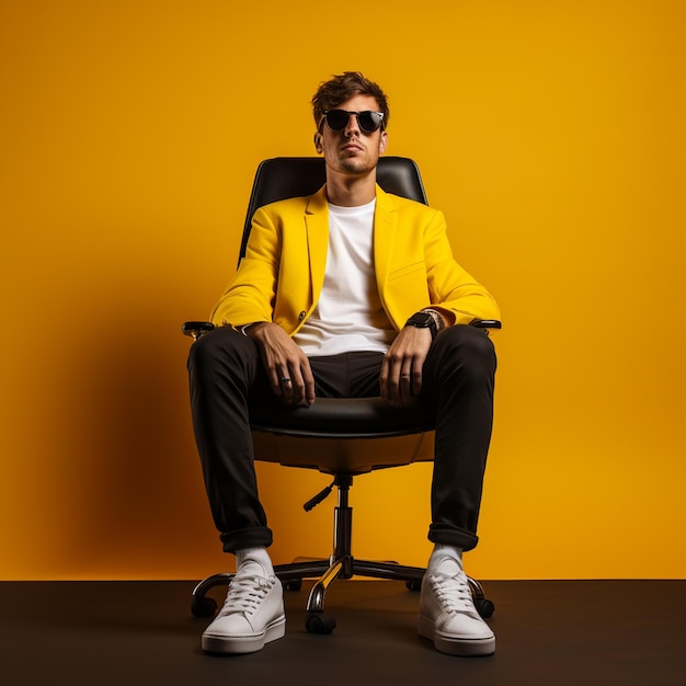 A cool young man sitting on chair isolated on yellow background