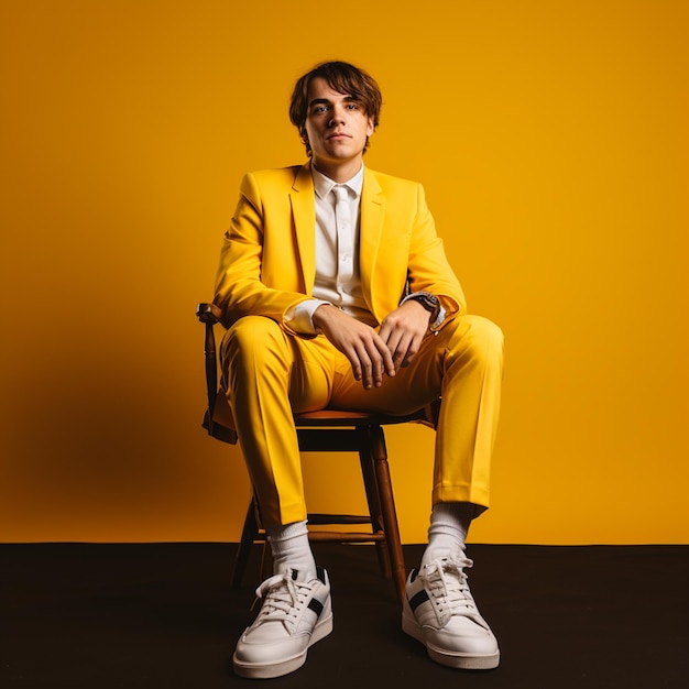 A cool young man sitting on chair isolated on yellow background