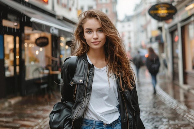 Cool young stylish beautiful woman walking in street