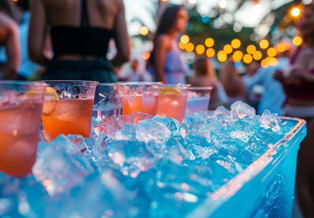 A cooler filled with ice and a variety of drinks captured in a closeup shot The blurred background shows guests enjoying the barbeque adding to the festive atmosphere