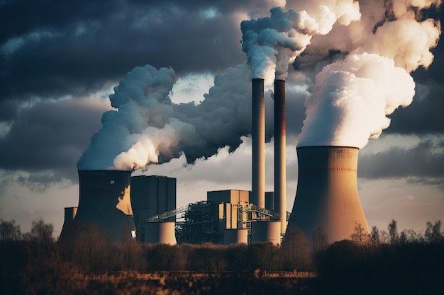 Cooling chimneys of thermal power plant released water vapor Ai generated