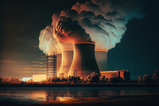 Cooling chimneys of thermal power plant released water vapor Ai generated