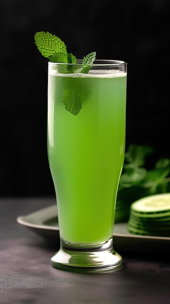 Cooling Green Oasis Glass of Refreshing Cucumber and Mint Juice Served with a Burst of Freshness a Revitalizing Summer Quencher