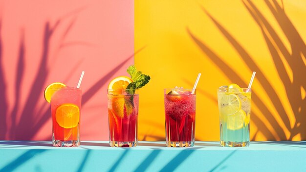 Cooling summer cocktails with berries and fruits on colored background