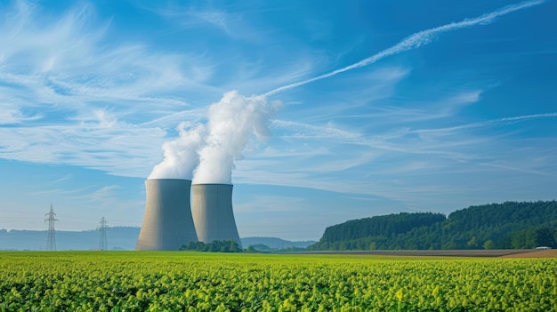 Cooling towers emitting steam above green field under blue sky