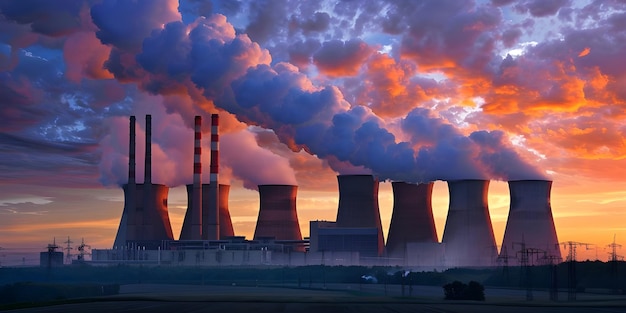 Cooling towers of nuclear power plant at sunset Energy industry smoking chimneys Ai Generated