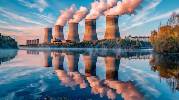 Photo cooling towers of a power plant reflected in serene water