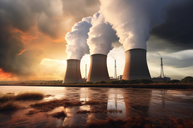 A cooling towers with smoke rising f