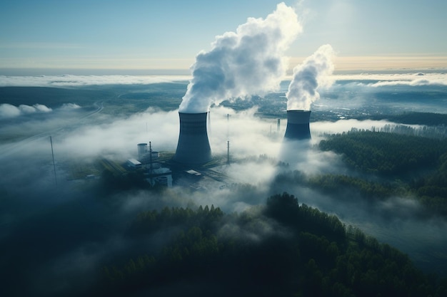 cooling towers with steam rising f