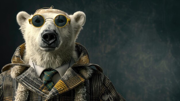 Photo a coollooking polar bear wearing sunglasses a suit and tie against a dark background with ample copy space on the side for text or graphics