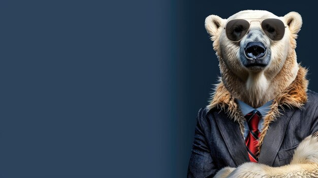 Photo a coollooking polar bear wearing sunglasses a suit and tie against a dark background with ample copy space on the side for text or graphics