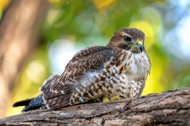 Coopers hawk baby perched on branch small medium size