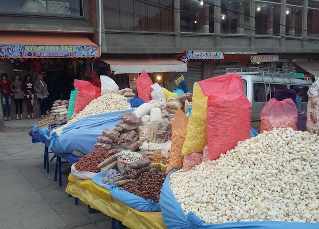 Copacabana Bolivia 01 february 2017 A street stall selling a variety of fresh nuts in Copacabana