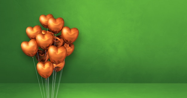 Copper heart shape balloons bunch on a green wall background. Horizontal banner. 3D illustration render