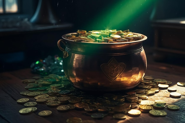 A copper pot with a green light behind it that says'gold '