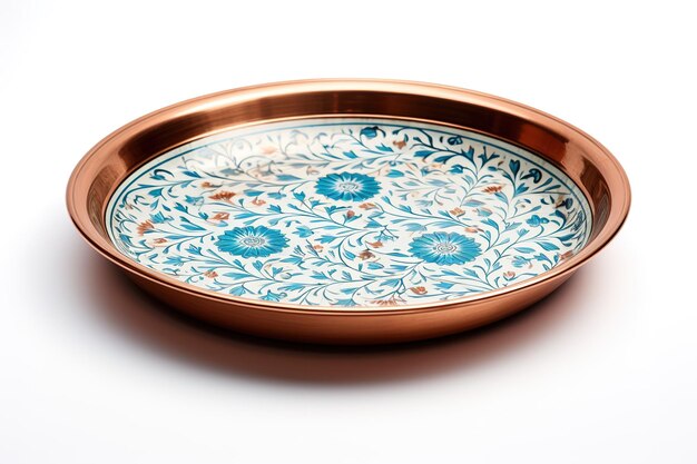 Photo a copper serving tray with intricate floral pattern on a clear png or white background