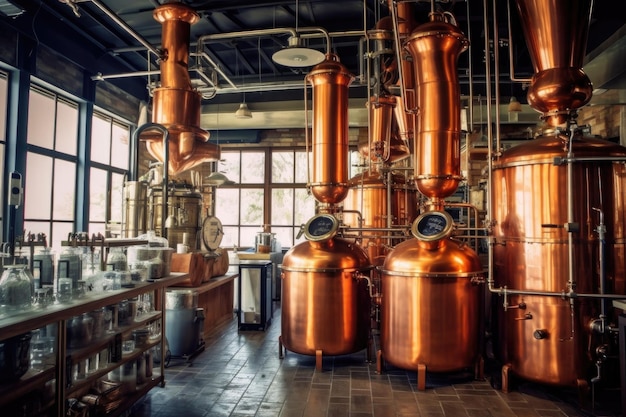 Copper stills and equipment shining in the distillery created with generative ai