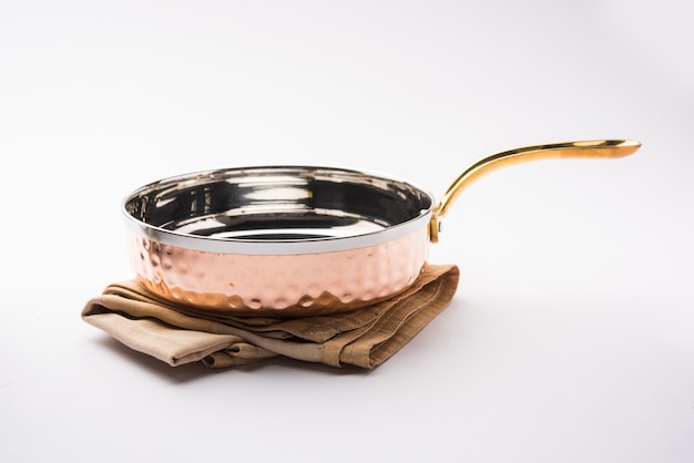 Copper Tarka or Tadka Fry pan with handle also can be used as a stylish serving bowl