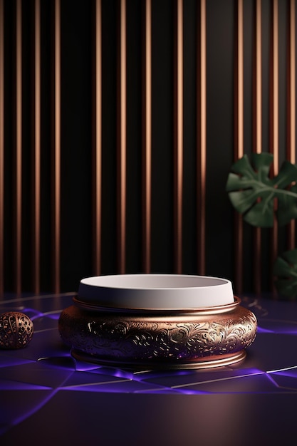 A copper and white bowl sits on a table in front of a plant.