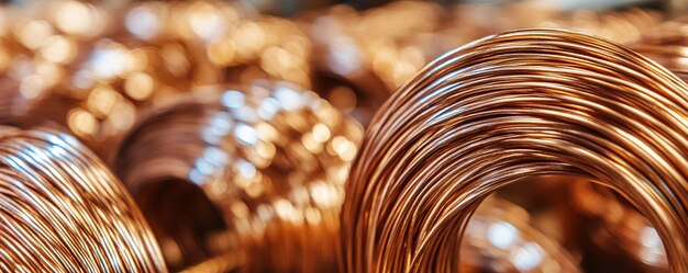 Photo copper wire factory showing coils of shiny metal