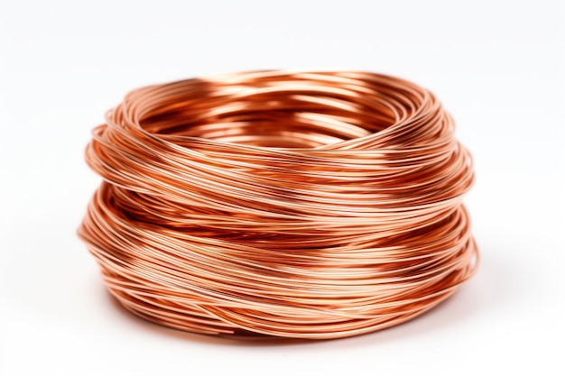 Copper wires arranged on white background in a big bunch