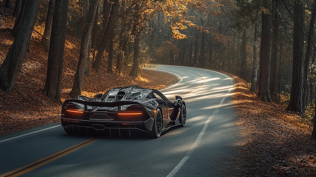 Photo a coppercolored sports car speeding down an empty forest road