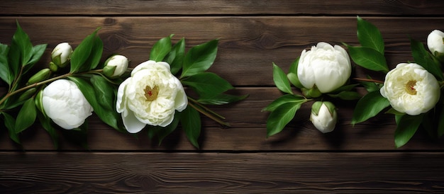 Copy space background white peony flowers on green wood