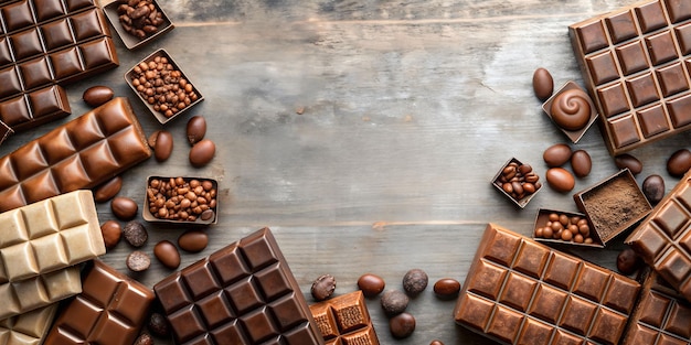 Copy space background with a brown chocolate bar and chunks of chocolate International chocolate day banner National chocolate day template Top view of a chocolate bar with chocolate chips