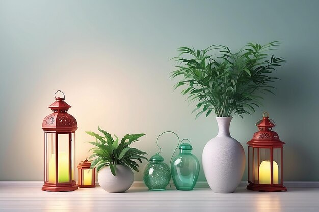 Copy space background with plants in a vase and New Year s lanterns AI generative Illustration in photorealistic style