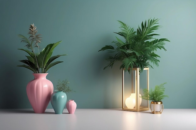 Copy space background with plants in a vase and New Year s lanterns AI generative Illustration in photorealistic style