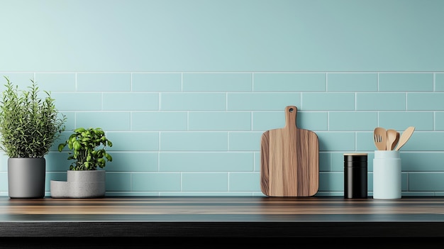 Copy space black wooden countertop blue wall brick and kitchen decoration minimalist interior