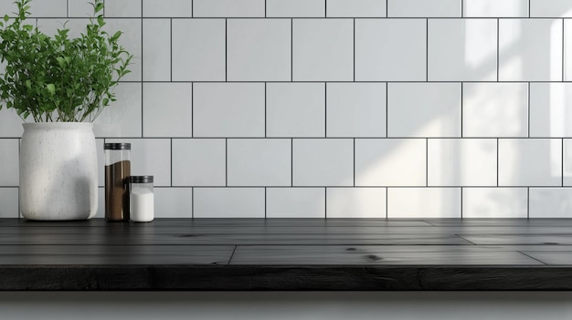 Copy space black wooden countertop white wall brick and kitchen decoration minimalist interior