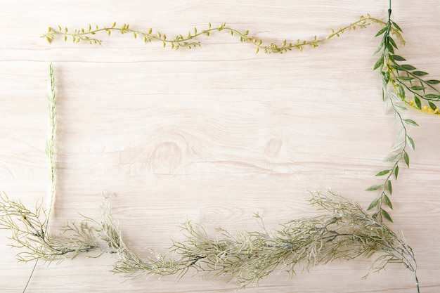 copy space consisting of plants and wooden board