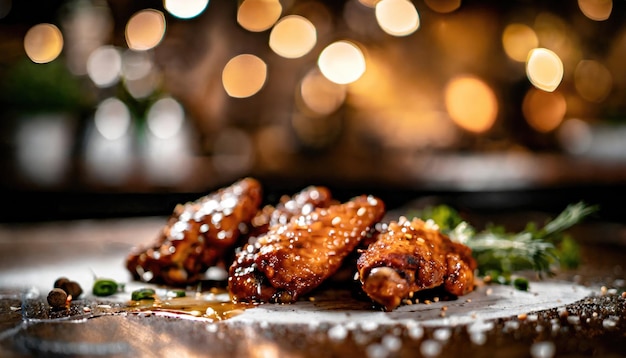 Photo copy space image of grilled chicken wings with sauces on a wooden board traditional baked bbq buffalo wing on bokeh background