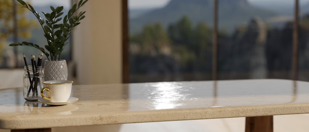 Copy space on marble stone dining tabletop over blurred home living room background