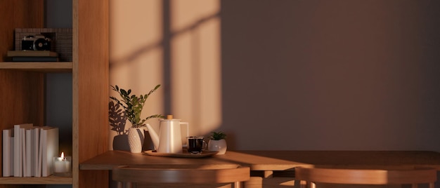 Copy space on minimal wood tabletop with tea set and decor plants wood shelf with home decor