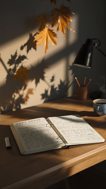 Copy space notebook with leaves shadow