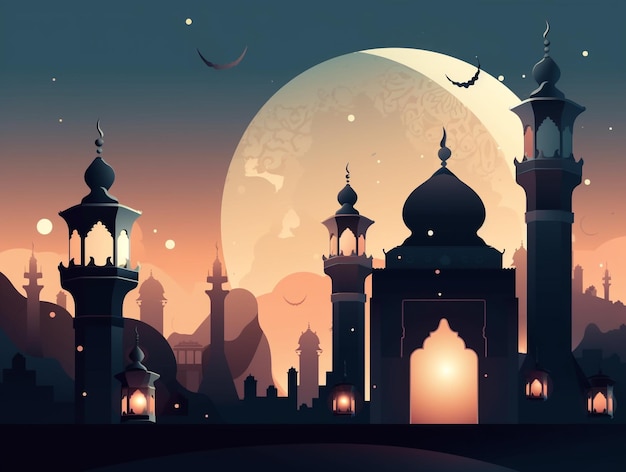 Copy space for ramadan cartoon illustration of a mosque with a moon and stars