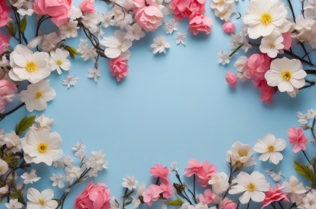 Copy space spring floral background and blue sky