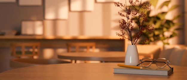 Copy space on table over blurred background of beautiful and minimal coffee shop seating space