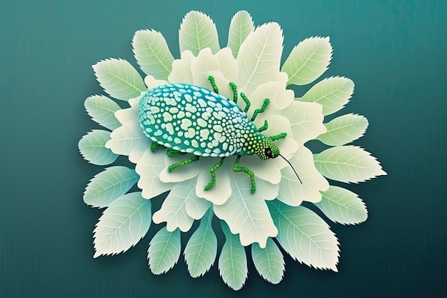 Copy space upper left top view of a chrysanthemum lace bug relaxing on a leaf