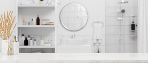 Copy space on white marble bathroom tabletop over blurred modern white bathroom in background