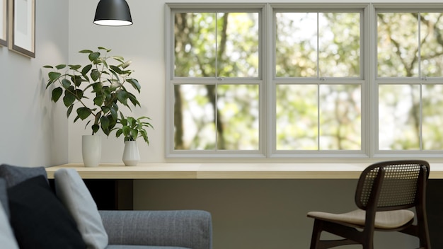 Copy space on wood tabletop against the window minimal home workspace in living room