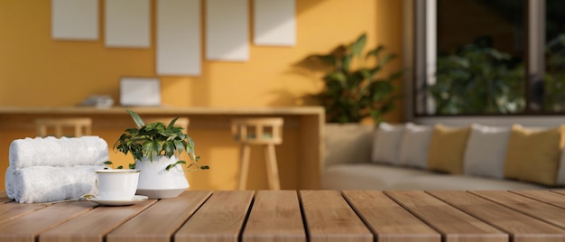 A copy space on a wooden table in a modern orange living room or lounge