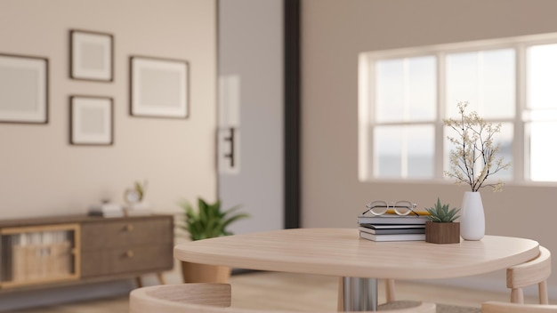 Copy space on a wooden table with eyeglasses books and plant in a minimal cozy living room