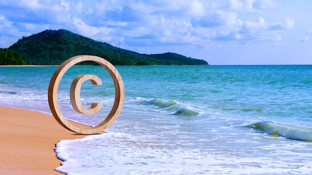 Copyright concept author rights and patented intellectual property Copyright Symbol Protection Sign on clean sandy beach background Register Trademark and Logo