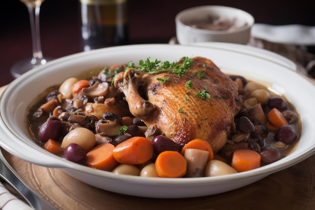 Coq au vin typical dish of French cuisine made with rooster meat and wine generative ai