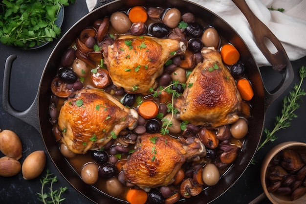 Coq au vin typical dish of French cuisine made with rooster meat and wine generative ai